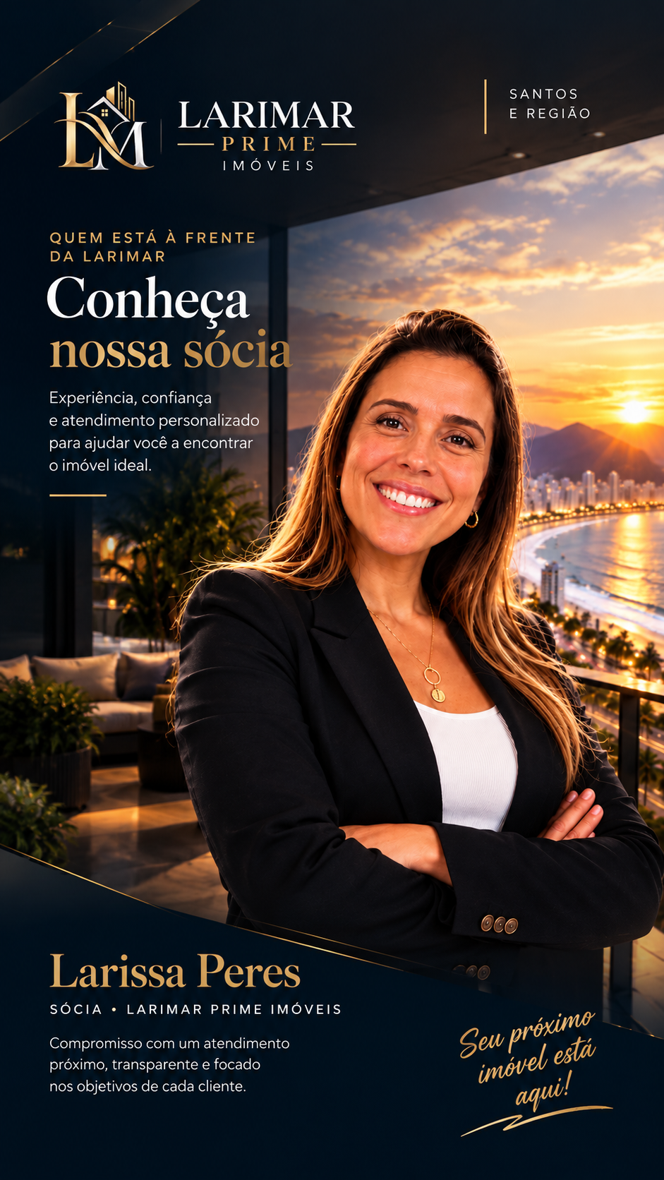 Arte vertical com retrato de Larissa Peres, identificada como sócia da Larimar Prime Imóveis.